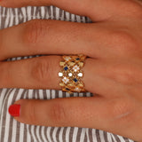 Wide Blue Sapphire Diamond Ring - Geometric Art Deco Statement Band - Natural Sapphire & Diamond 18K Gold Ring