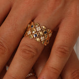 Wide Blue Sapphire Diamond Ring - Geometric Art Deco Statement Band - Natural Sapphire & Diamond 18K Gold Ring