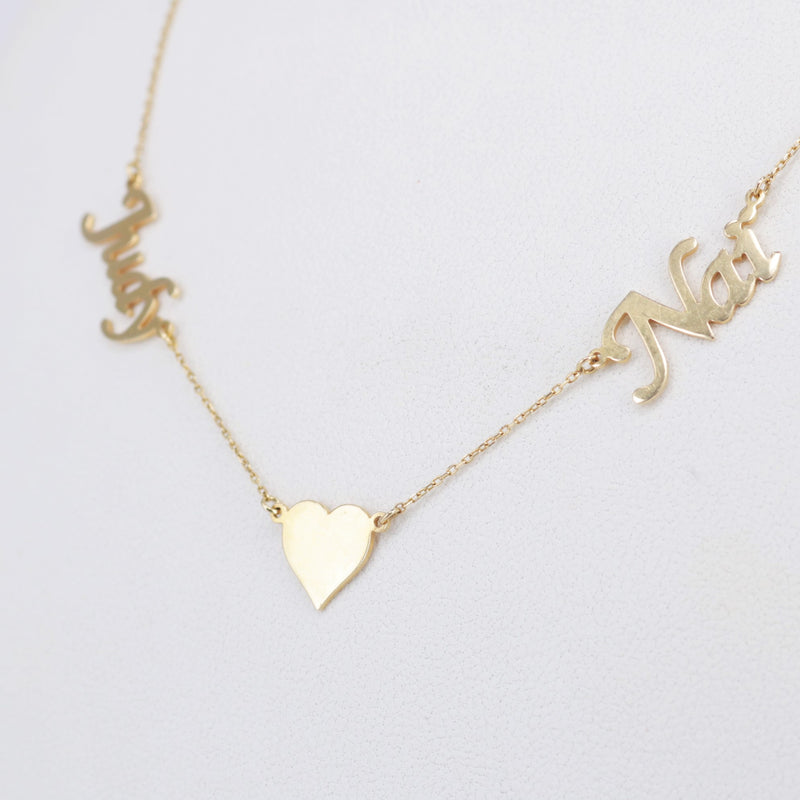 Personalized Double Name Necklace – Custom Solid 18K Gold Name Jewelry – Heart Charm Layered Necklace