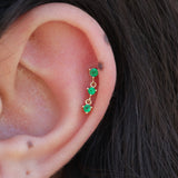 Triple Emerald Drop Stud Earring – Solid 18k Gold Chain Link Cartilage Earring – Dainty May Birthstone Jewelry