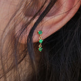 Triple Emerald Drop Stud Earring – Solid 18k Gold Chain Link Cartilage Earring – Dainty May Birthstone Jewelry