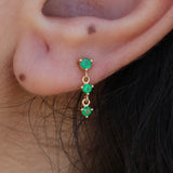 Triple Emerald Drop Stud Earring – Solid 18k Gold Chain Link Cartilage Earring – Dainty May Birthstone Jewelry