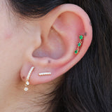 Triple Emerald Drop Stud Earring – Solid 18k Gold Chain Link Cartilage Earring – Dainty May Birthstone Jewelry