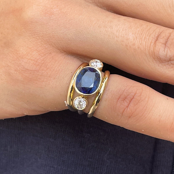 Celestial Genuine Oval Bezel Sapphire and Diamond Engagement Ring