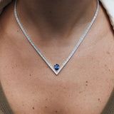 V-Shaped Diamond Sapphire Tennis Necklace Set – Minimalist Ceylon Sapphire Channel Jewelry – Solid 18k Gold Bridal & Anniversary Gift