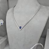 V-Shaped Diamond Sapphire Tennis Necklace Set – Minimalist Ceylon Sapphire Channel Jewelry – Solid 18k Gold Bridal & Anniversary Gift