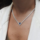 V-Shaped Diamond Sapphire Tennis Necklace Set – Minimalist Ceylon Sapphire Channel Jewelry – Solid 18k Gold Bridal & Anniversary Gift