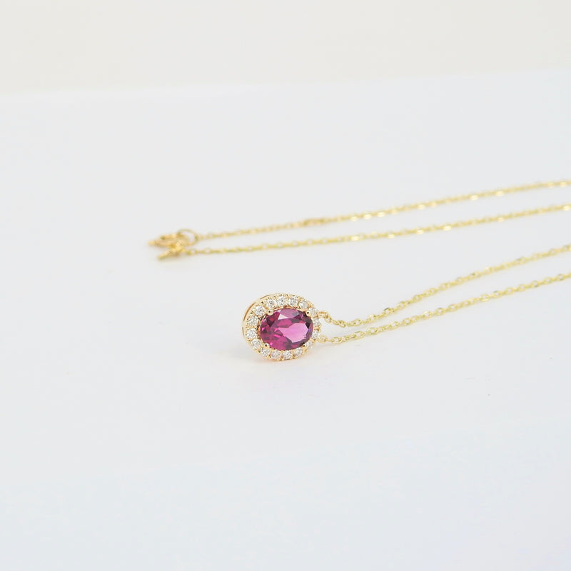 Oval Rhodolite Diamond Halo Necklace