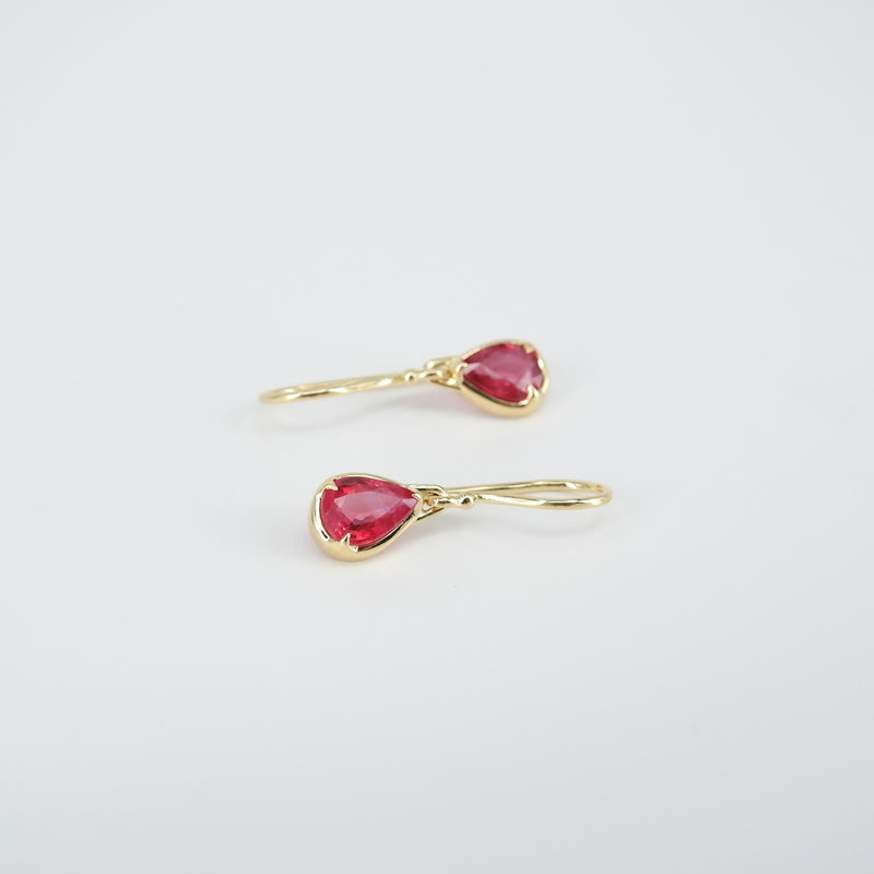 Genuine Pear-Shaped Ruby Dangling Earrings - Minimalistic Solid 18K Gold Hook Earrings - July Birthstone Jewelry