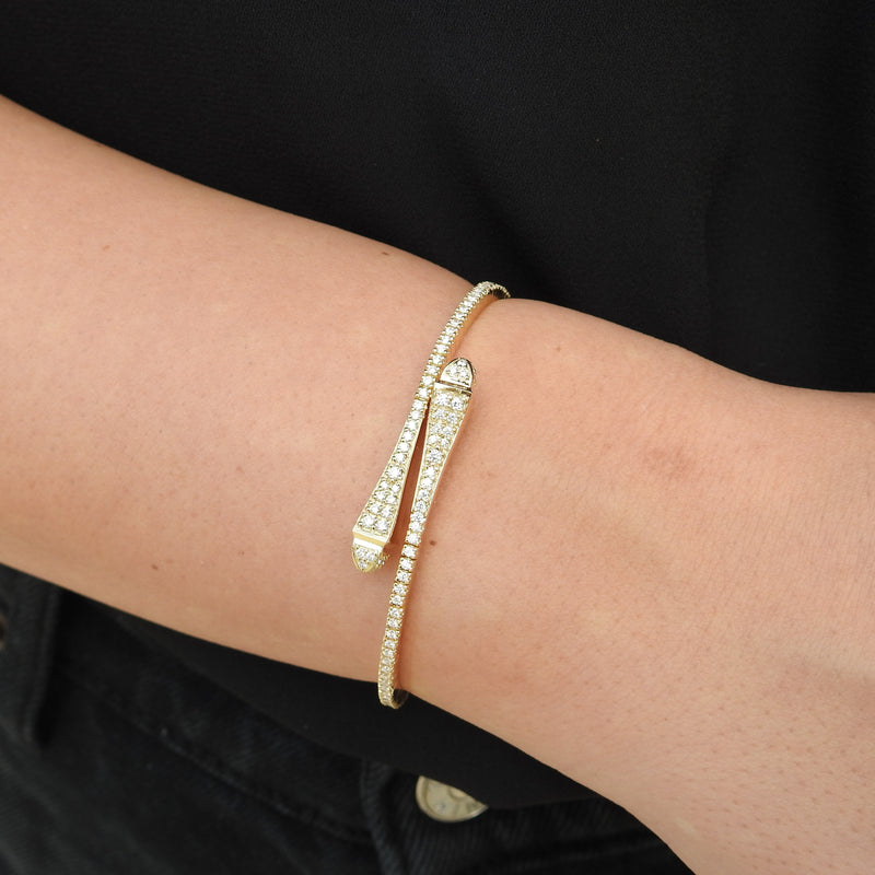 Natural Diamond Snake-Inspired Bangle Bracelet – Thin 18k Gold Stacking Bangle