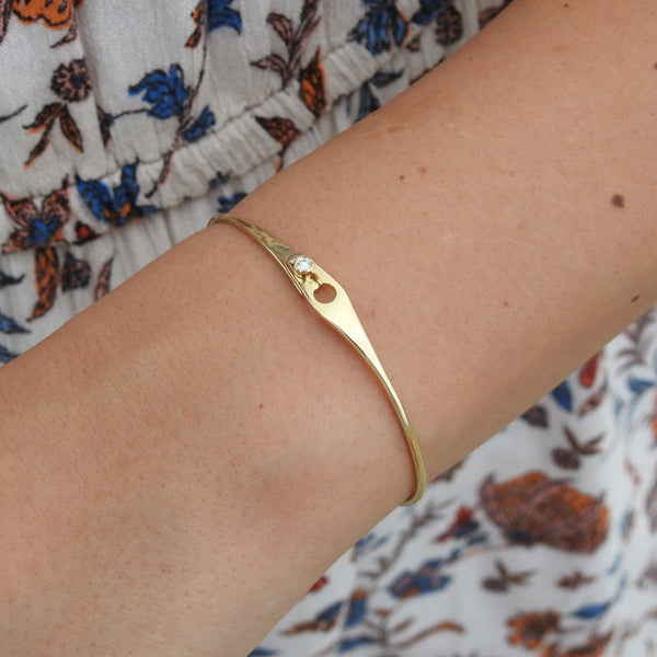 Dainty Diamond Solid Gold Bangle - Minimalist Bezel Design