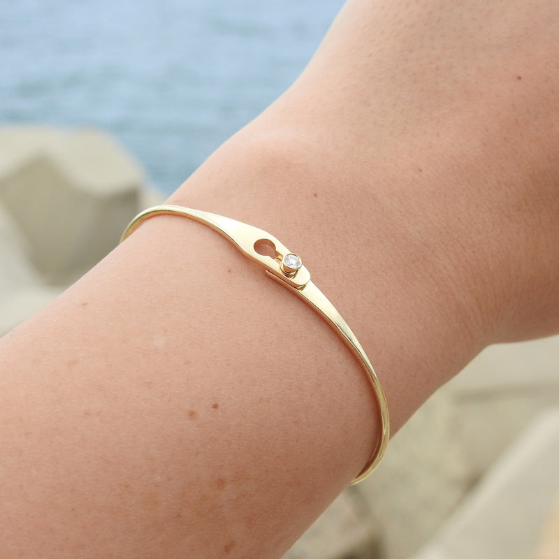 Dainty Diamond Solid Gold Bangle - Minimalist Bezel Design