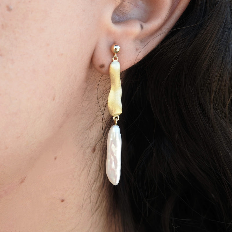Organic Gold Baroque Pearl Earrings – Statement Dangling June Birthstone Jewelry