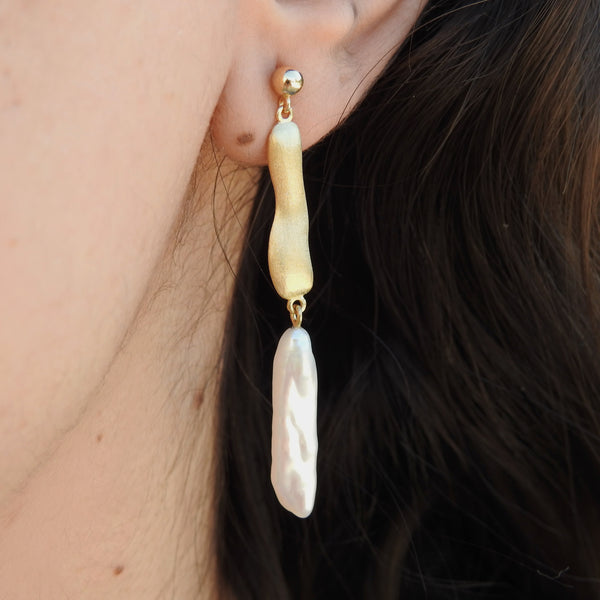 Organic Gold Baroque Pearl Earrings – Statement Dangling June Birthstone Jewelry