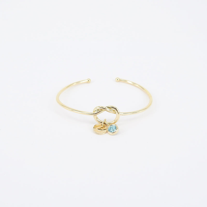 Solid Gold Knot Bangle – Personalized Aquamarine Birthstone & Engraved Medallion Charm
