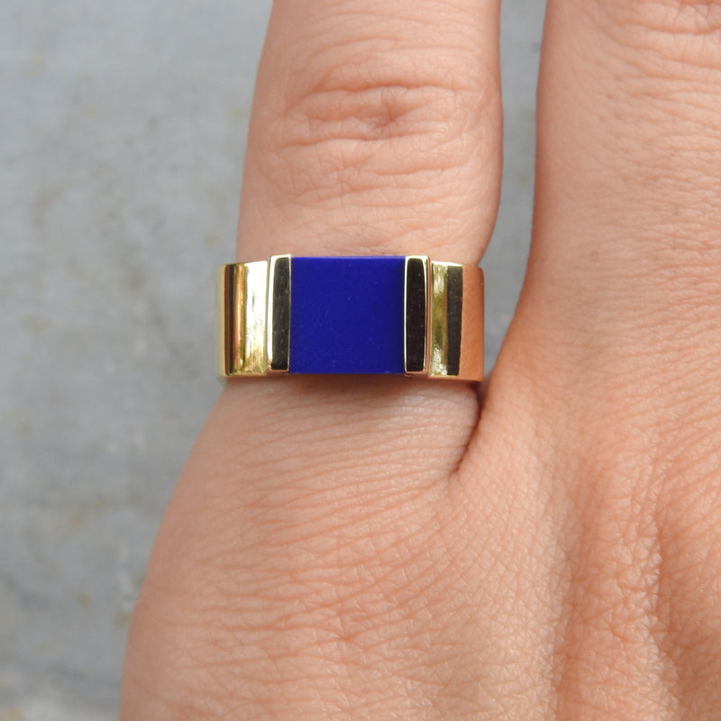 Genuine Blue Lapis Chunky Square Statement Flat Ring
