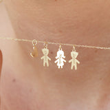 Custom Family Name Necklace – Solid Gold Kids Silhouette Charms with Heart – Personalized Gift for Mom, Grandma, New Baby or Anniversary