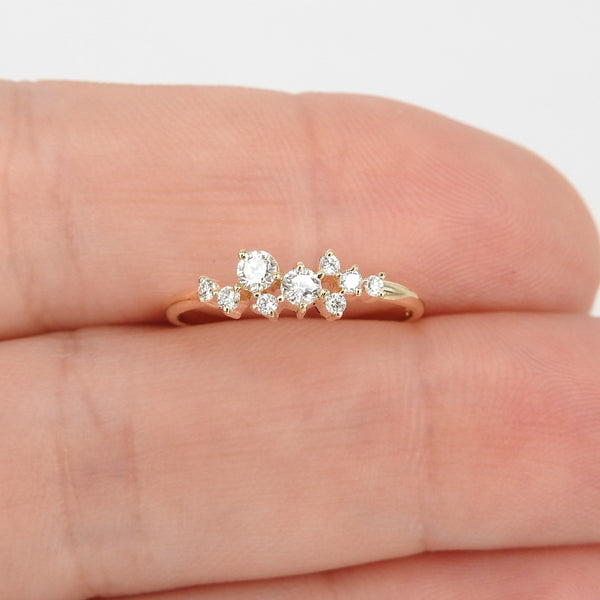 Nature-Inspired Diamond Cluster Ring - Handmade 18K Gold Wedding Band