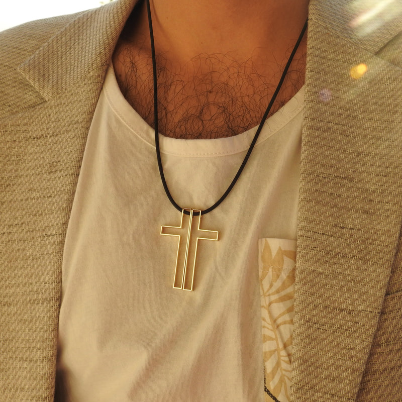 Split Solid 18k Gold Cross with Rubber - Unique Necklace for Men - Handmade Jewelry