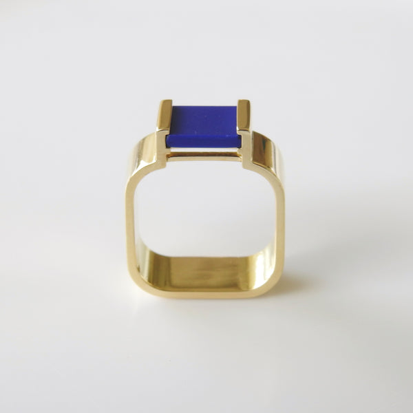 Genuine Blue Lapis Chunky Square Statement Flat Ring