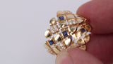 Wide Blue Sapphire Diamond Ring - Geometric Art Deco Statement Band - Natural Sapphire & Diamond 18K Gold Ring