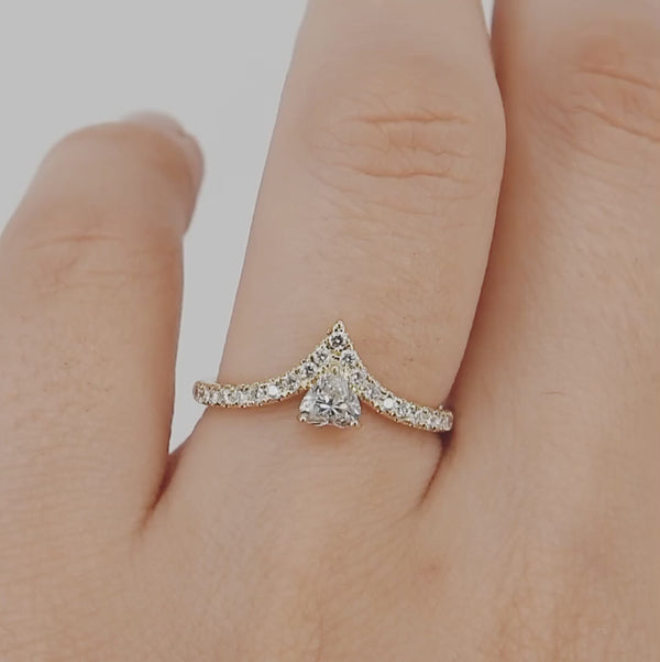 Heart Shaped Diamond Solitaire Engagement Ring - Genuine GIA Certified Diamond Ring - V shaped Wedding Band - Handmade Jewelry