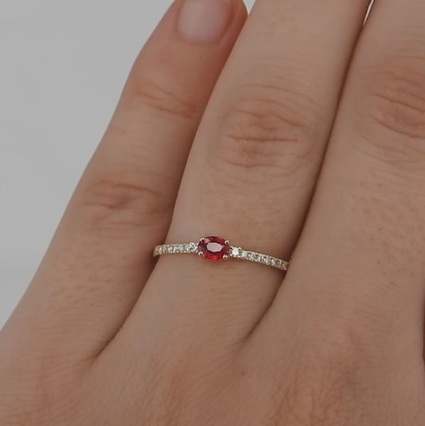 Dainty Oval Natural Ruby and Diamond Engagement Ring – Small Genuine July & April Dual Birthstone Ring – Simple Gold Ruby Stacking Ring