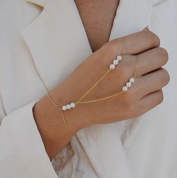 Unique Natural Pearl Gold Hand Chain – Two Rings Solid 18k Gold Statement Bracelet - June Birthstone Wedding Jewelry