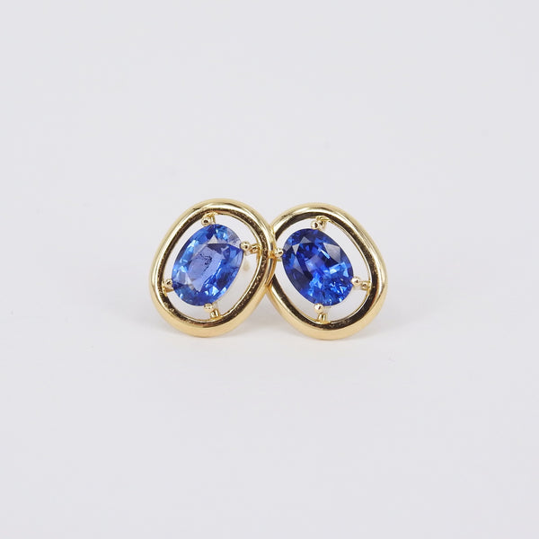 Genuine Oval Sapphire Earrings - Cornflower Blue Saphire Bezel Halo Earrings - Vintage Sapphire Earrings - September Birthstone Ring
