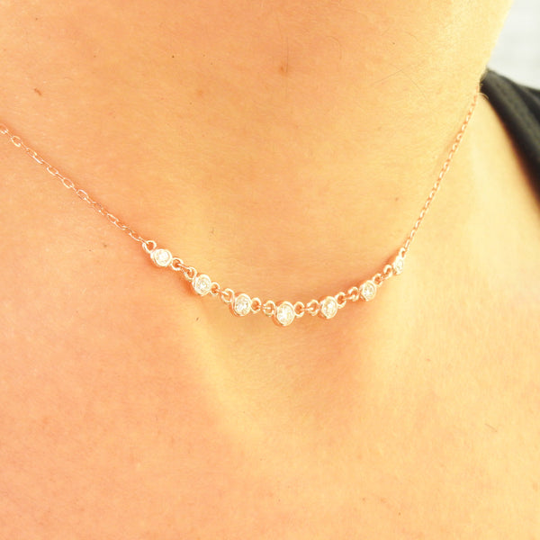 Diamond Necklace - 7 Diamonds Bezel Setting - 18K Gold Chocker