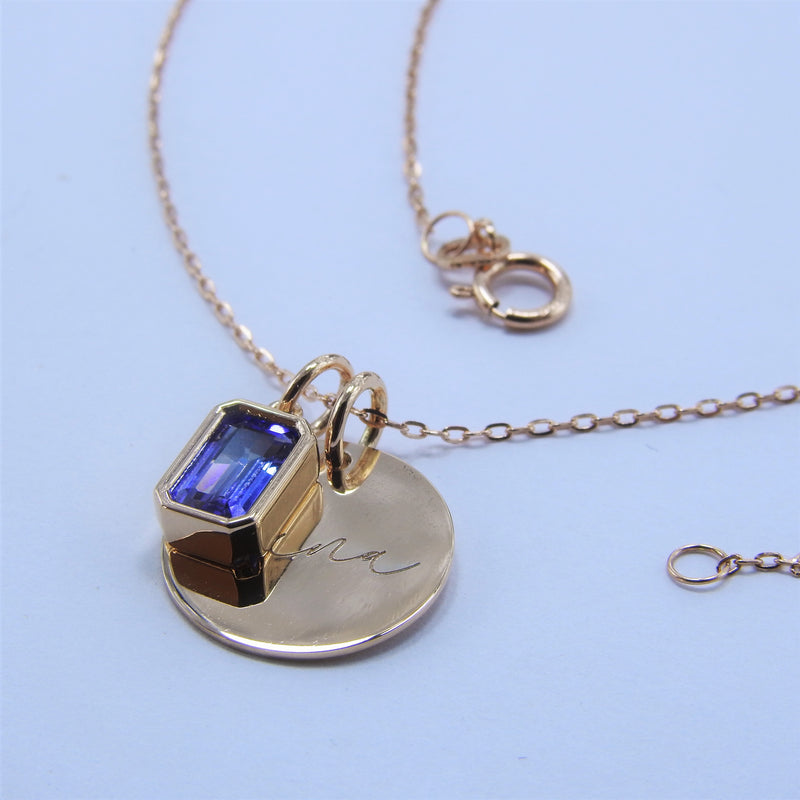 Engraved Birthstone Necklace - Solid 18k Gold Pendant with an Emerald-Cut Tanzanite Charm Necklace