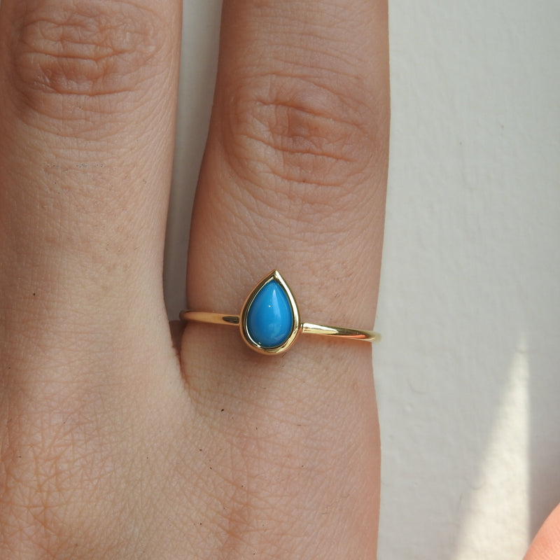 Tear Drop Sleeping Beauty Turquoise Ring – Vintage Turquoise Bezel Engagement Ring – Dainty Genuine December Birthstone Ring