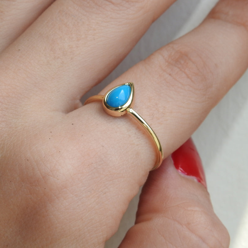 Tear Drop Sleeping Beauty Turquoise Ring – Vintage Turquoise Bezel Engagement Ring – Dainty Genuine December Birthstone Ring