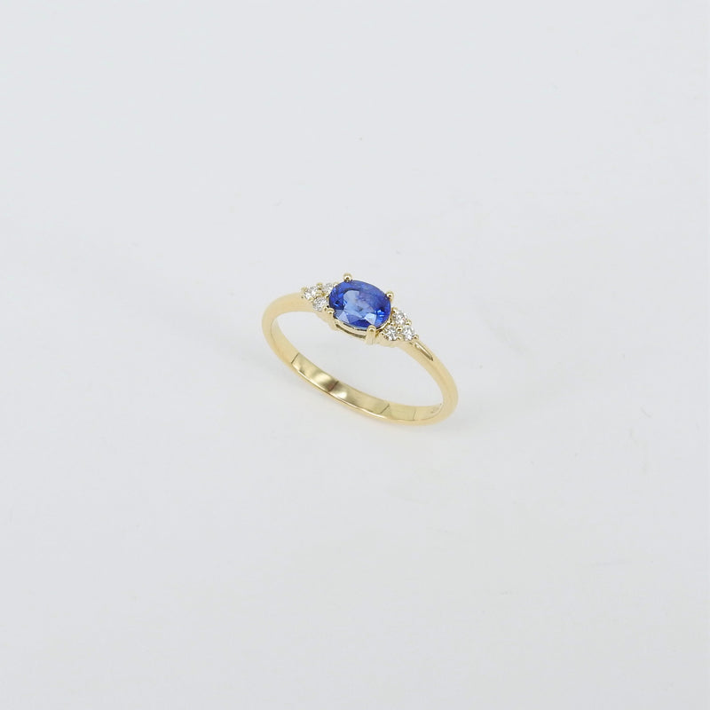 East-West Dainty Blue Sapphire Trio Diamond Engagement Ring