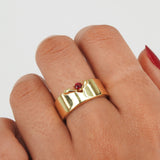 Statement Ruby Ring - Unique Ruby & Thick Gold Ring - Flat 8mm Gold Band