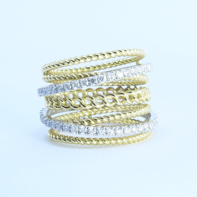 Unique Interlocking Diamond Wedding Ring Set – Double Diamond and Multi Braided Gold Wedding bands – Chunky Natural April Birthstone Ring