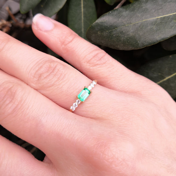 Large East-West Genuine Emerald Engagement Ring