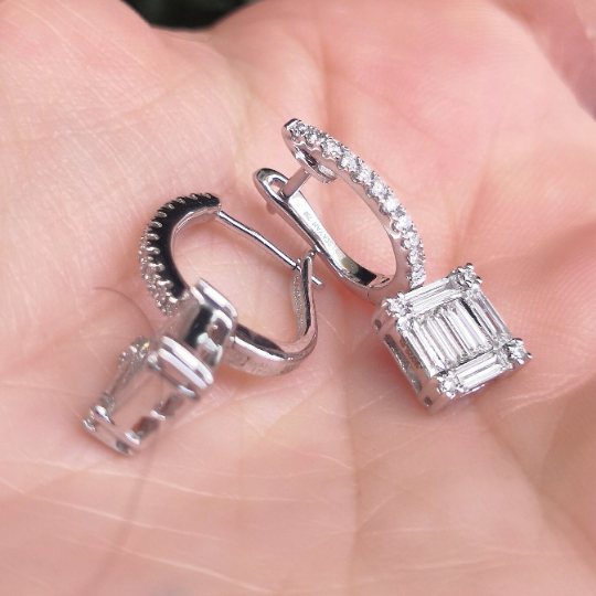 Solitaire Dangling Drop Earrings  • Baguette Diamond Earrings • Illusion  Diamond Earrings • Handmade Wedding Jewelry  •  Bridal Earrings