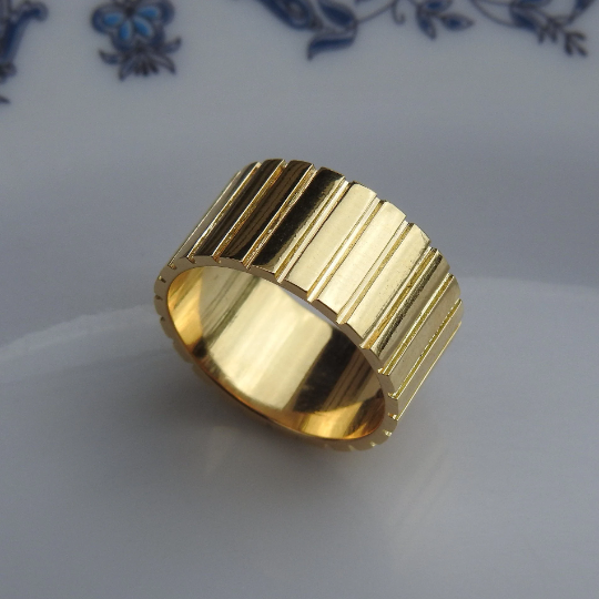 Unique Signet Wedding Band - Corrugated Solid Gold Statement Ring