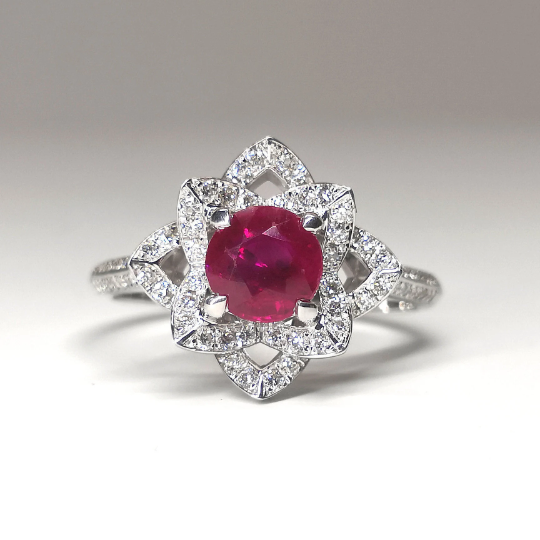 Genuine Ruby and Diamond Flower Engagement Ring –Nature Inspired July Birthstone Ring