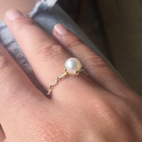 Unique Nature Inspired Pearl Diamond Ring – Vintage Solid Gold Engagement Ring - Genuine Freshwater Pearl Ring – Stacking Pearl Promise Ring
