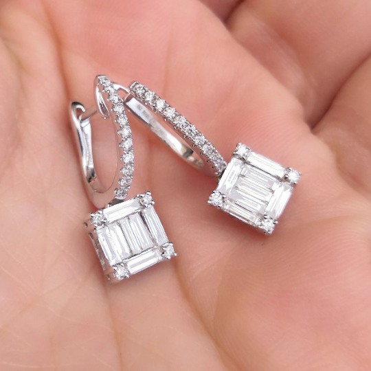 Solitaire Dangling Drop Earrings  • Baguette Diamond Earrings • Illusion  Diamond Earrings • Handmade Wedding Jewelry  •  Bridal Earrings