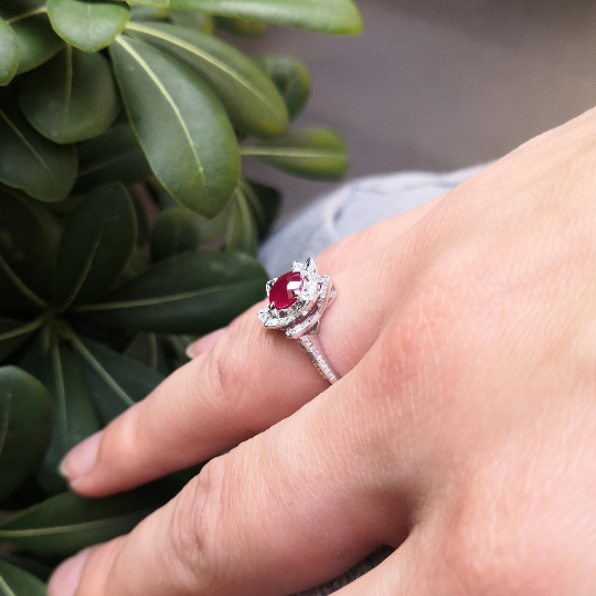 Nature Inspired Genuine Ruby and Diamond Flower Engagement Ring