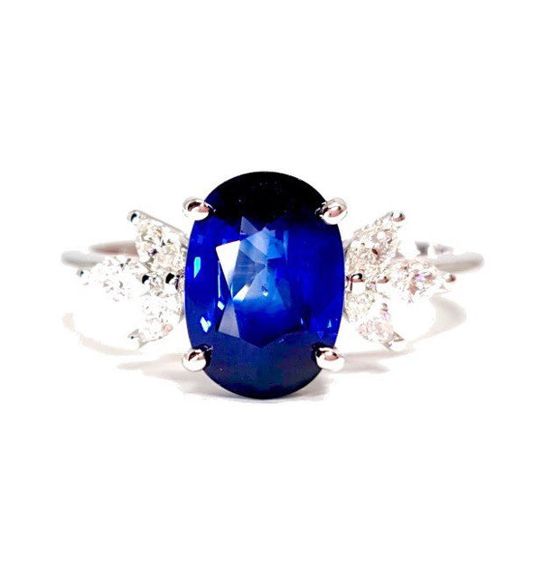 Oval Blue Sapphire and Marquise Diamond Engagement Ring