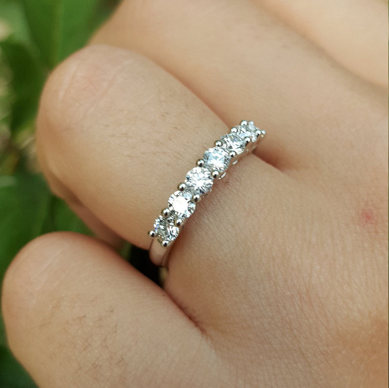 3 mm thick Half Eternity Ring – Shared Prong Wide Diamond Wedding Band –Chunky Simple Stacking Wedding Set – Real April Birthstone Ring