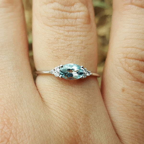Dainty East West Oval Aquamarine Engagement Ring  - Simple March Birthstone Promise Ring