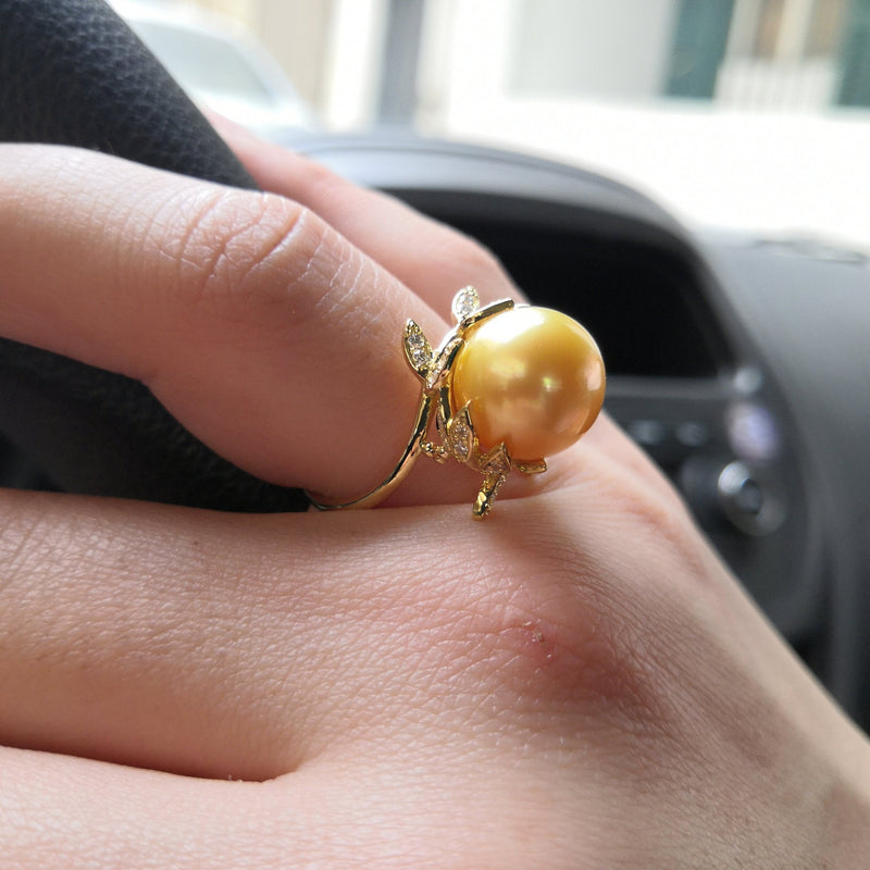 Golden South Sea Pearl Engagement Ring – Nature Inspired Pearl and Diamond Ring - Chunky Solid Gold Pearl Ring – Unique June Birthstone Ring