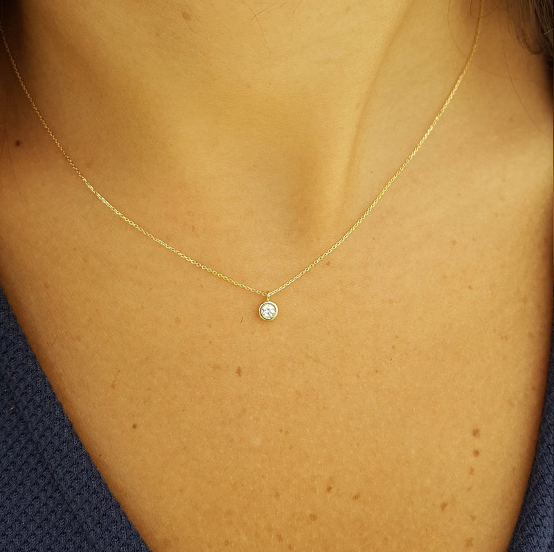 Bezel Diamond Solitaire Necklace – April Birthstone Necklace – Handmade Tiny Delicate Wedding Jewelry Gift – Dainty Bride Diamond Necklace