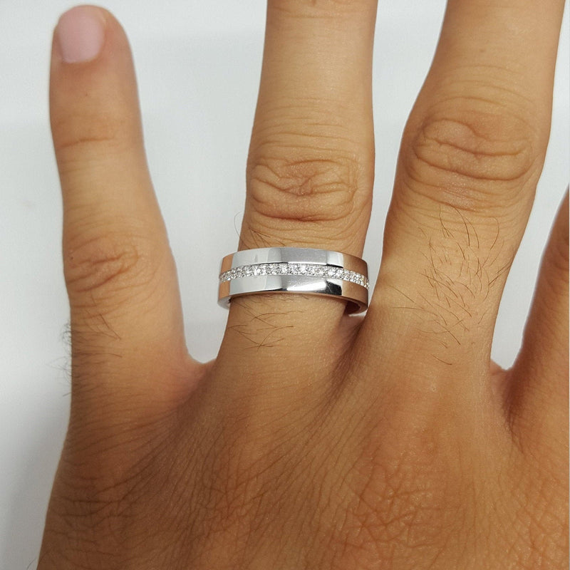 6 mm Flat wedding band made with 18k White gold and Natural Diamonds.