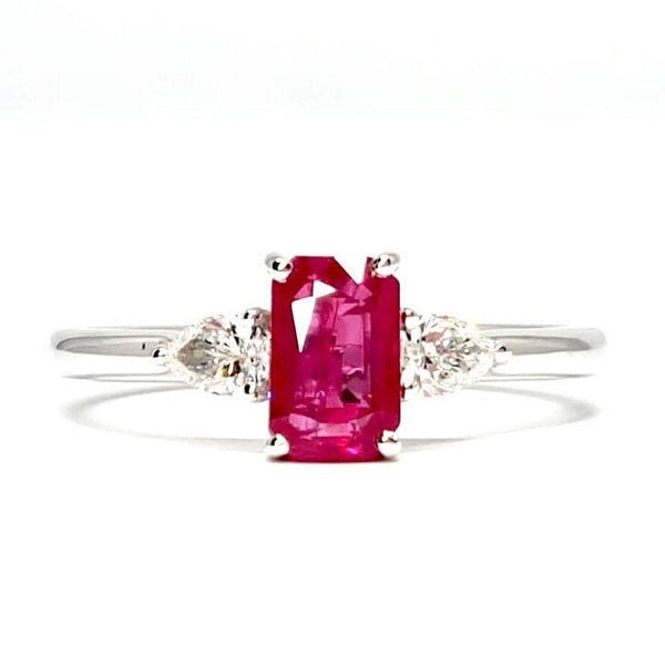 Natural 1.06 Ct Emerald Cut Ruby and Diamond Engagement Ring